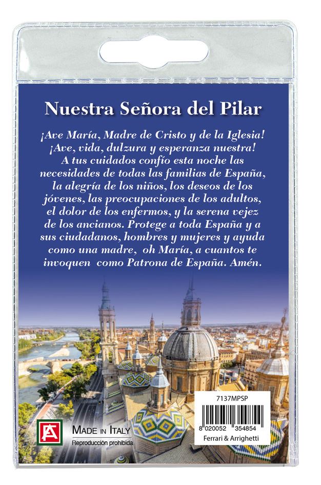 medaglia madonna del pilar con laccio preghiera in spagnolo