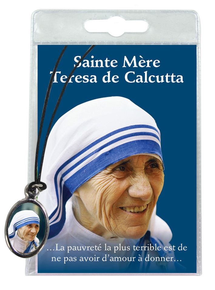 medaglia santa madre teresa di calcutta con laccio e preghiera in francese