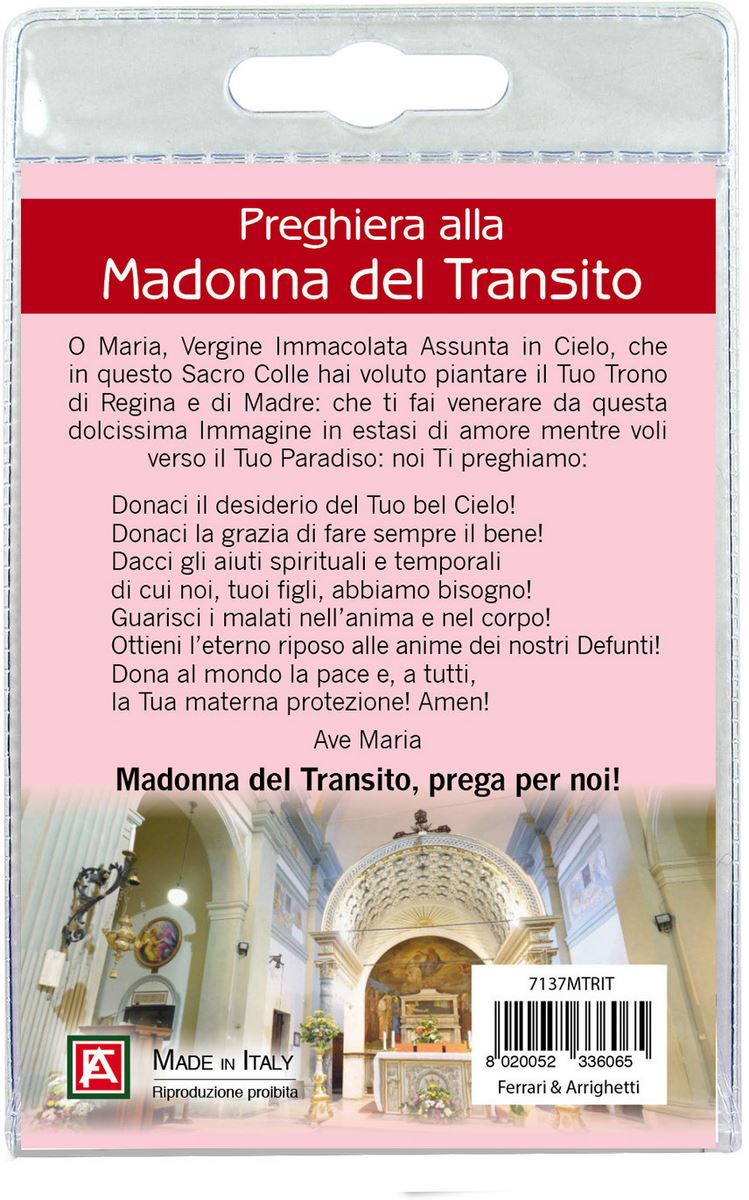 medaglia madonna del transito con laccio e preghiera in italiano