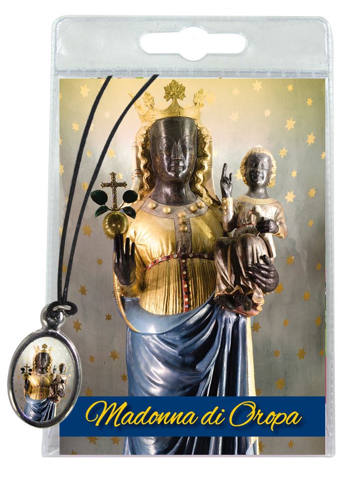medaglia madonna del santuario di oropa con laccio e preghiera in italiano