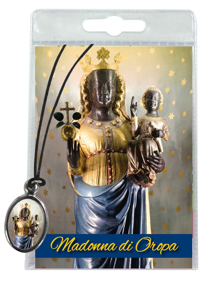medaglia madonna del santuario di oropa con laccio e preghiera in italiano