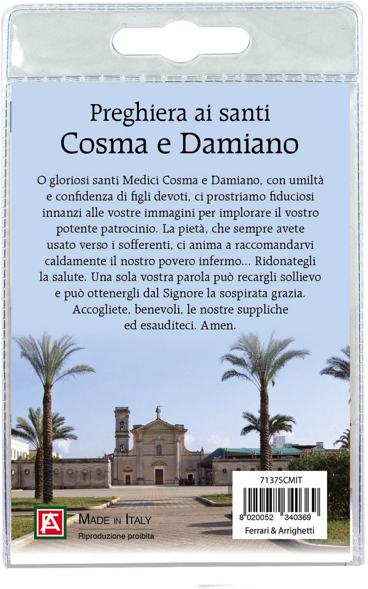 medaglia santi medici cosma e damiano (ad oria) con laccio e preghiera in italiano