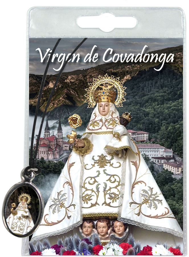 medaglia madonna di covadonga con laccio e preghiera in spagnolo