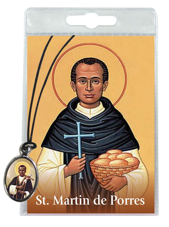 medaglia saint martin de porres con laccio e preghiera in inglese