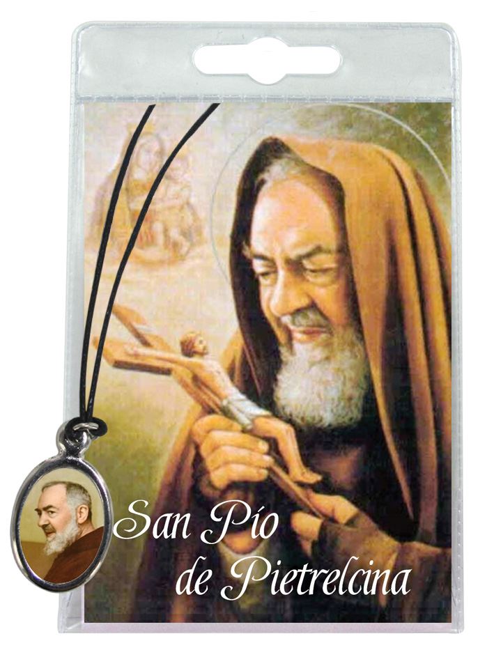 medaglia san pio con laccio e preghiera in spagnolo