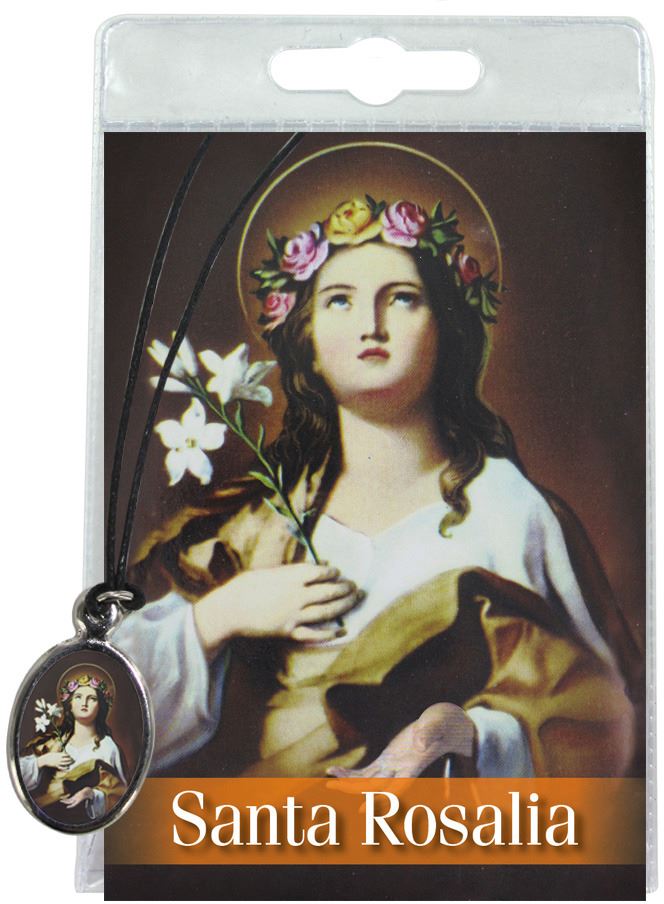 medaglia santa rosalia (palermo) con laccio e preghiera in italiano 