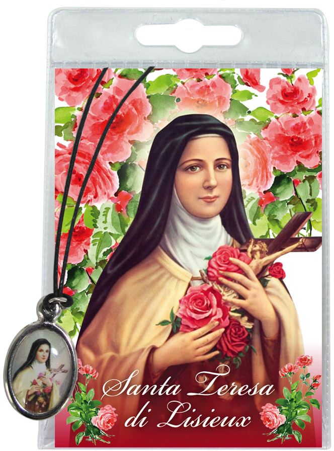 medaglia santa teresa di lisieux con laccio e preghiera in italiano