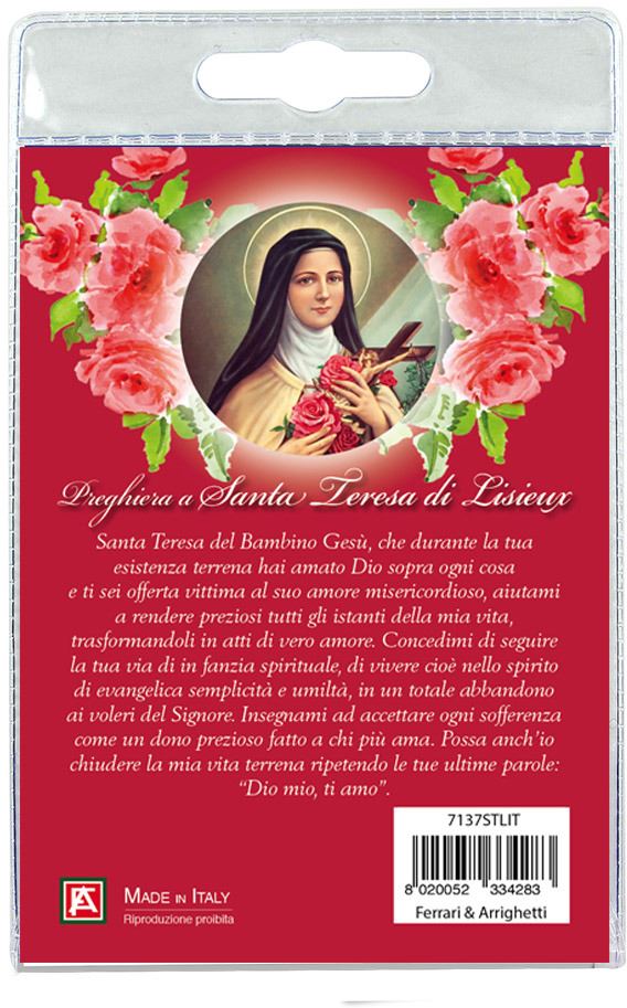 medaglia santa teresa di lisieux con laccio e preghiera in italiano