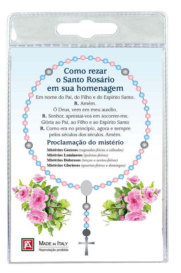 decina della madonna di fatima con blister trasparente e preghiera - portoghese