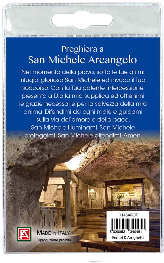calamita san michele arcangelo (a monte sant'angelo) in metallo nichelato con preghiera in italiano 