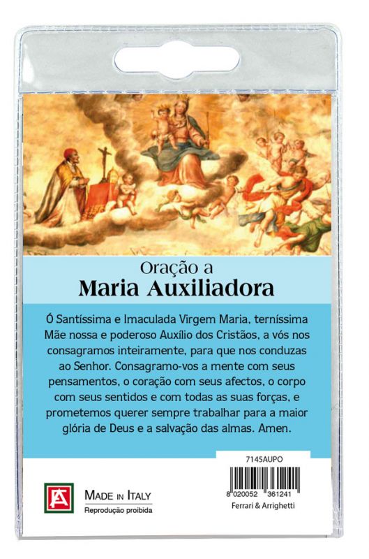 calamita madonna ausiliatrice in metallo nichelato con preghiera in portoghese