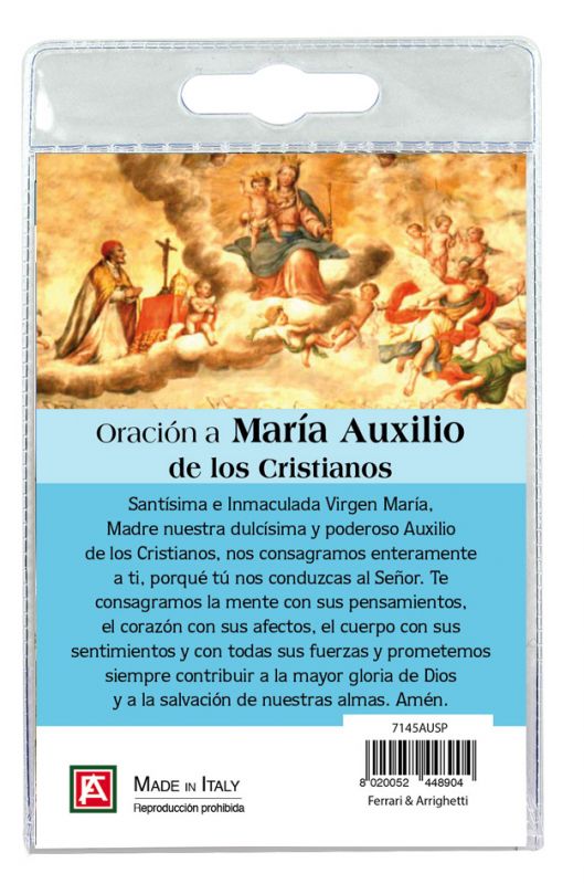 calamita madonna ausiliatrice in metallo nichelato con preghiera in spagnolo