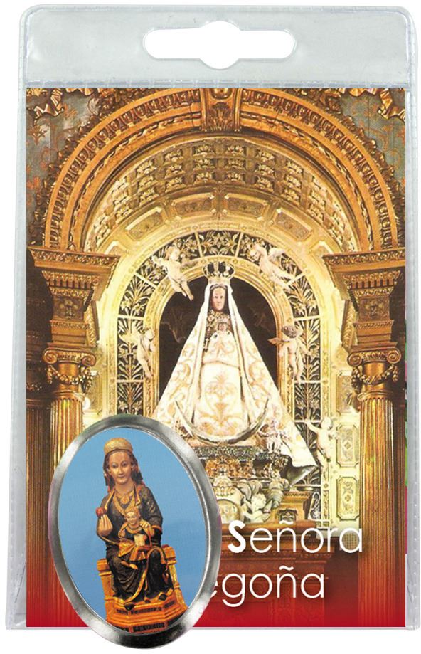calamita madonna di begoña in metallo nichelato con preghiera in spagnolo