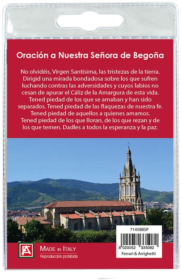 calamita madonna di begoña in metallo nichelato con preghiera in spagnolo
