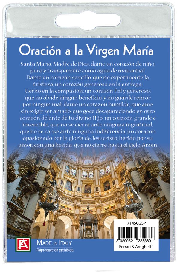calamita vergine della cattedrale di granada in metallo nichelato con preghiera in spagnolo