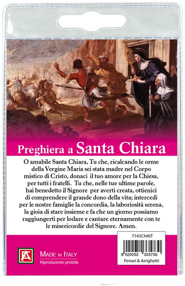 calamita santa chiara in metallo nichelato con preghiera in italiano