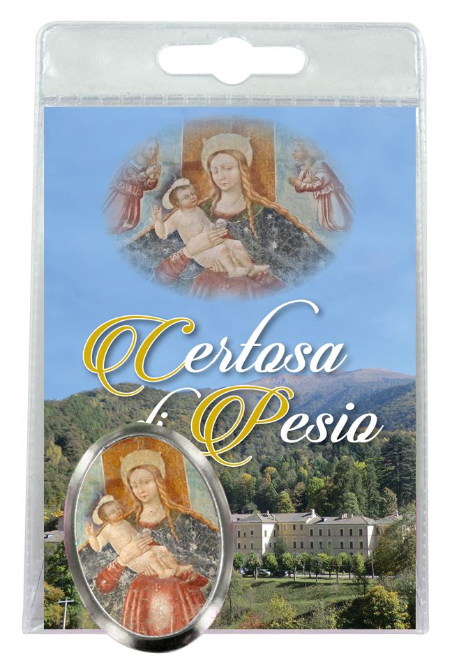 calamita madonna della certosa di pesio in metallo nichelato con preghiera in italiano