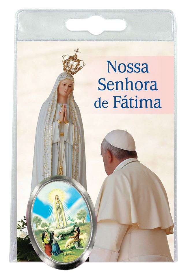 calamita madonna di fatima in metallo nichelato con preghiera in portoghese