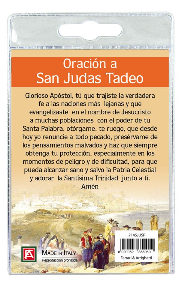 calamita san giuda taddeo in metallo nichelato con preghiera in spagnolo