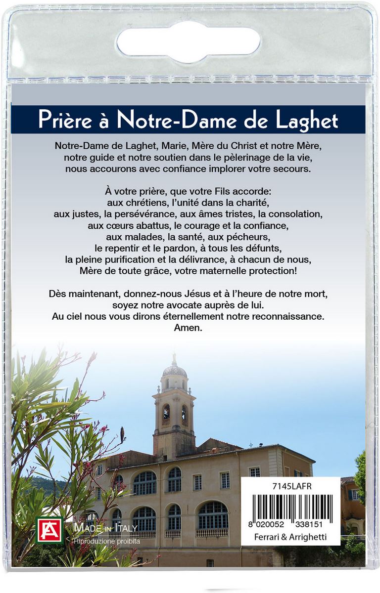 calamita notre dame de laghet in metallo nichelato con preghiera in francese