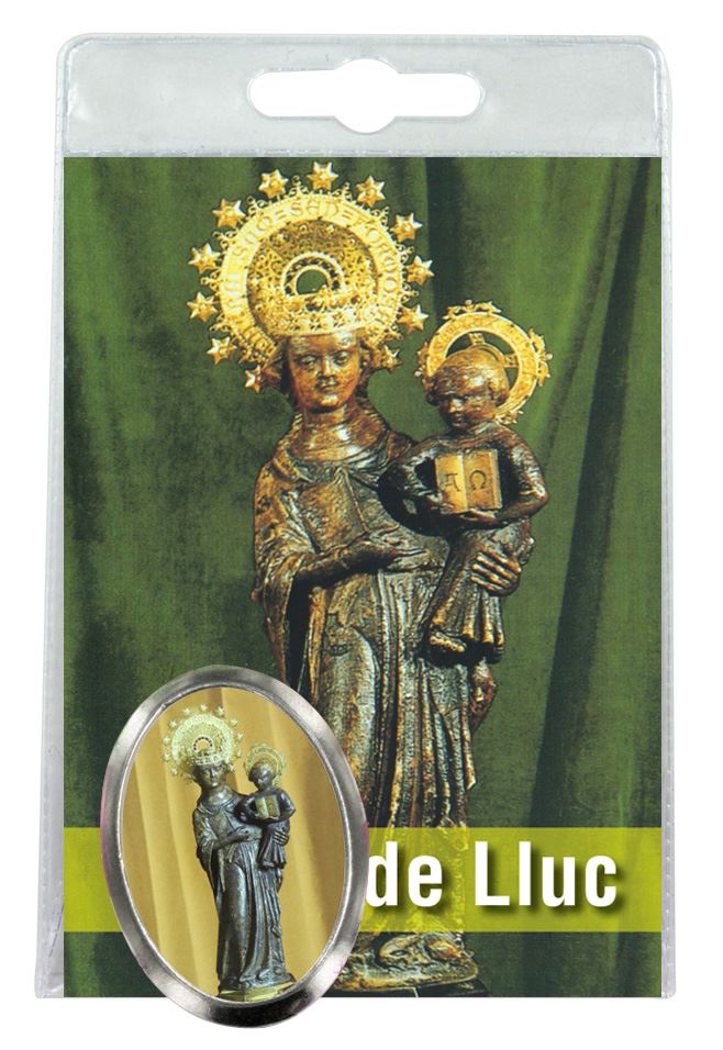 calamita madonna di lluc in metallo nichelato con preghiera in spagnolo