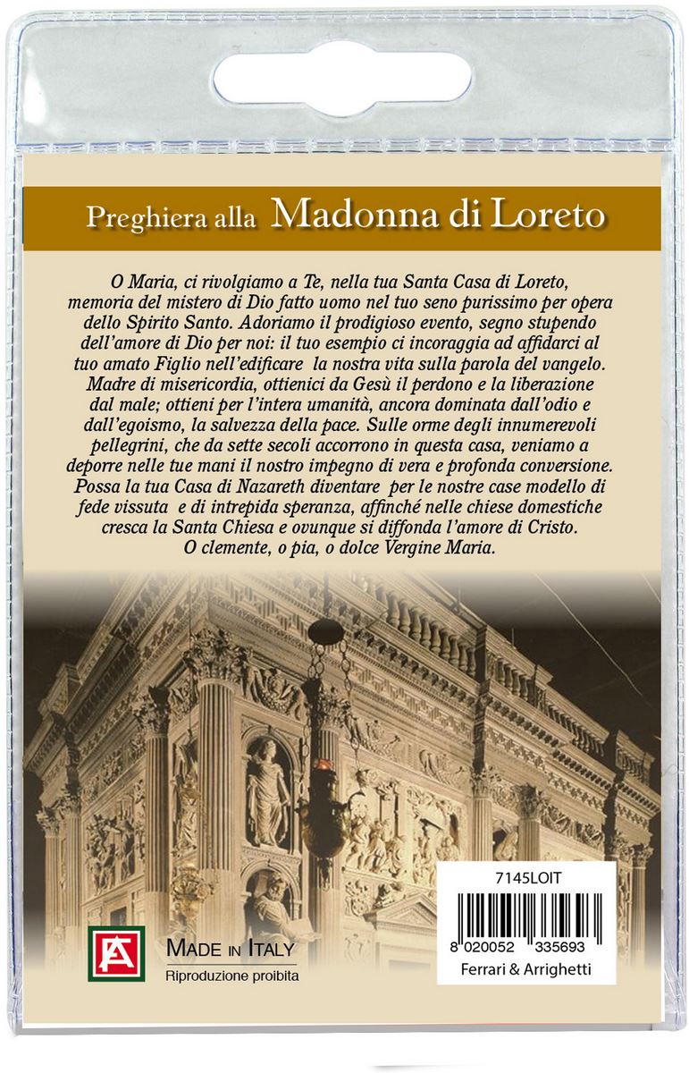 calamita madonna di loreto in metallo nichelato con preghiera in italiano