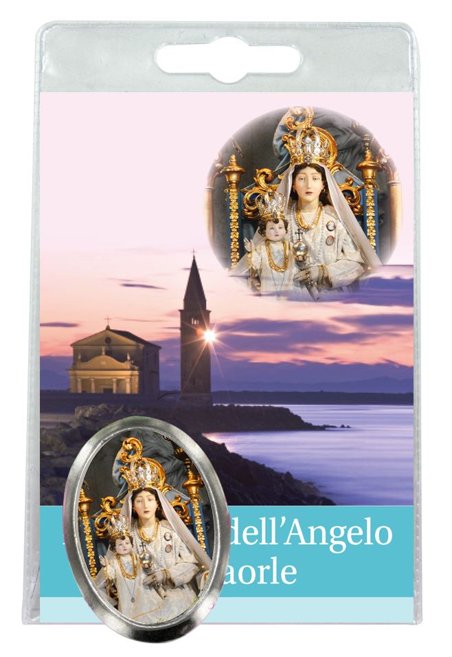 calamita madonna dell'angelo di caorle in metallo nichelato con preghiera in italiano