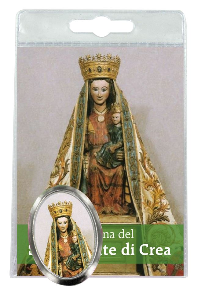 calamita madonna del sacro monte di crea in metallo nichelato con preghiera in italiano