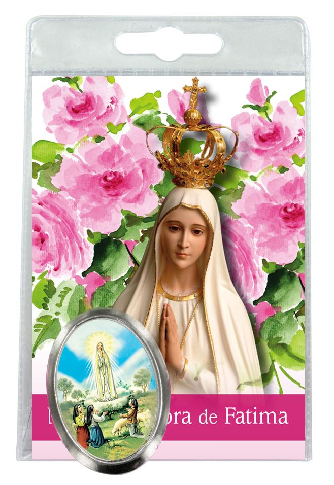 calamita madonna di fatima in metallo nichelato con preghiera in spagnolo