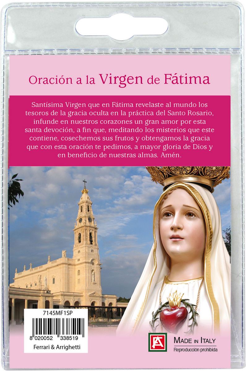 calamita madonna di fatima in metallo nichelato con preghiera in spagnolo