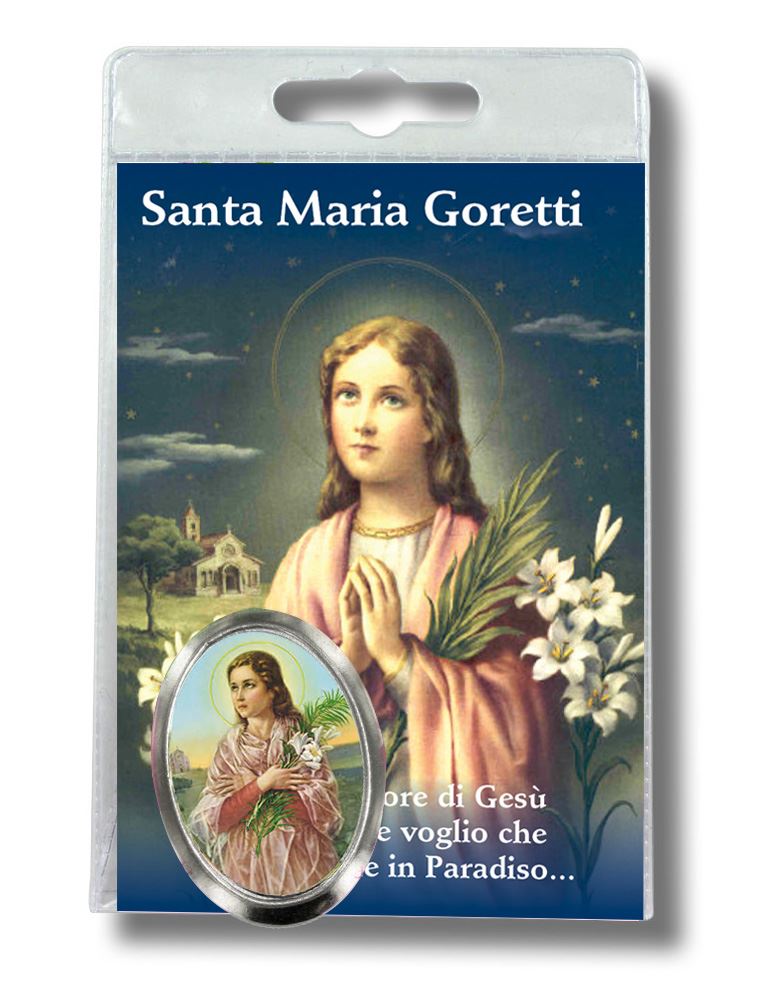 calamita di santa maria goretti, in blister trasparente con preghiera, testi in italiano