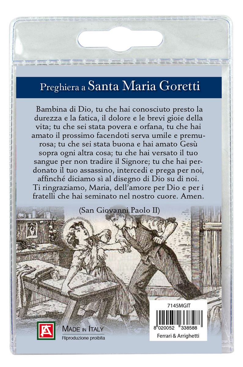 calamita di santa maria goretti, in blister trasparente con preghiera, testi in italiano