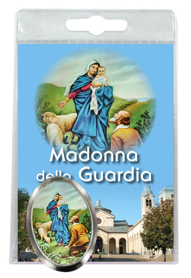 calamita madonna della guardia (genova) in metallo nichelato con preghiera in italiano