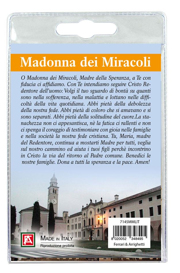 calamita madonna dei miracoli in metallo nichelato con preghiera in italiano