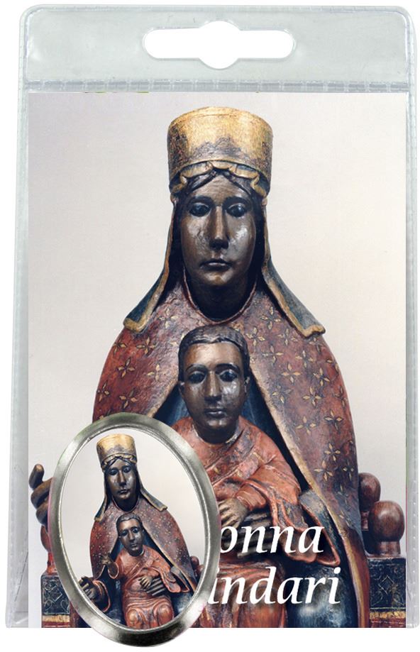calamita madonna di tindari in metallo nichelato con preghiera in italiano