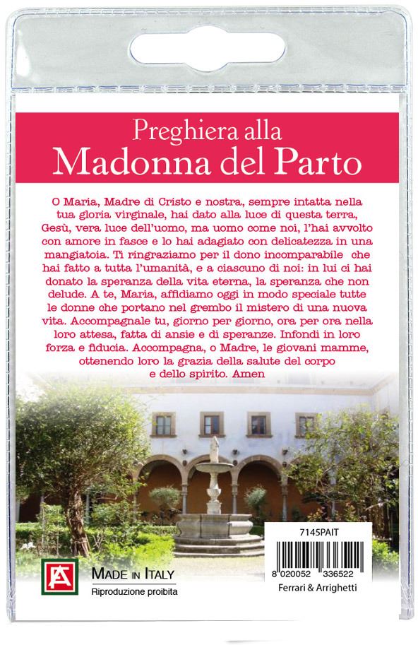 calamita madonna del parto in metallo nichelato con preghiera in italiano