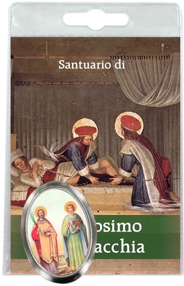 calamita santi cosima e damiano (ad oria) in metallo nichelato con preghiera in italiano