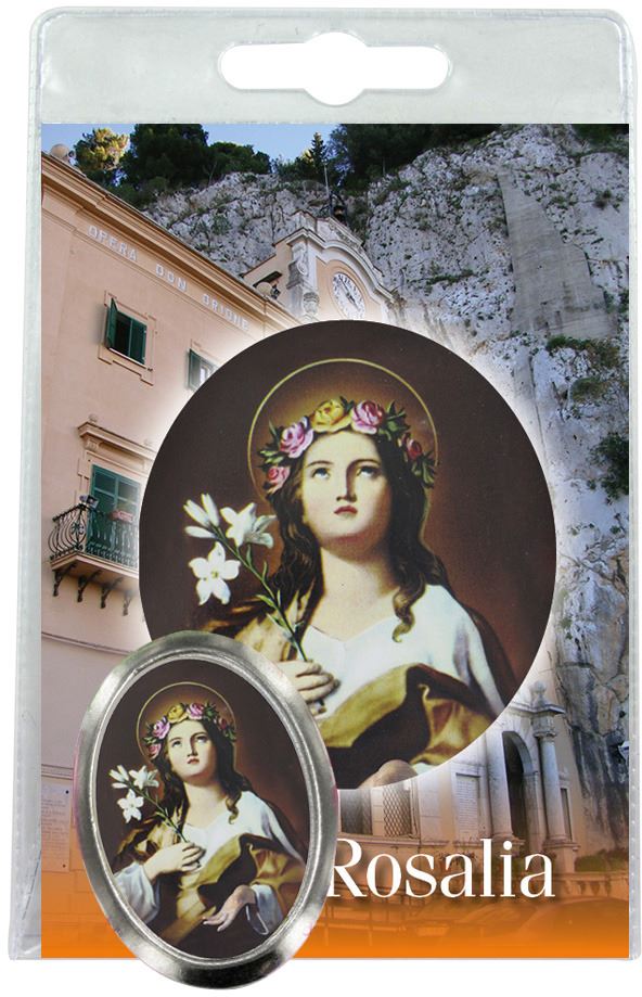 calamita santa rosalia (palermo) in metallo nichelato con preghiera in inglese (a)