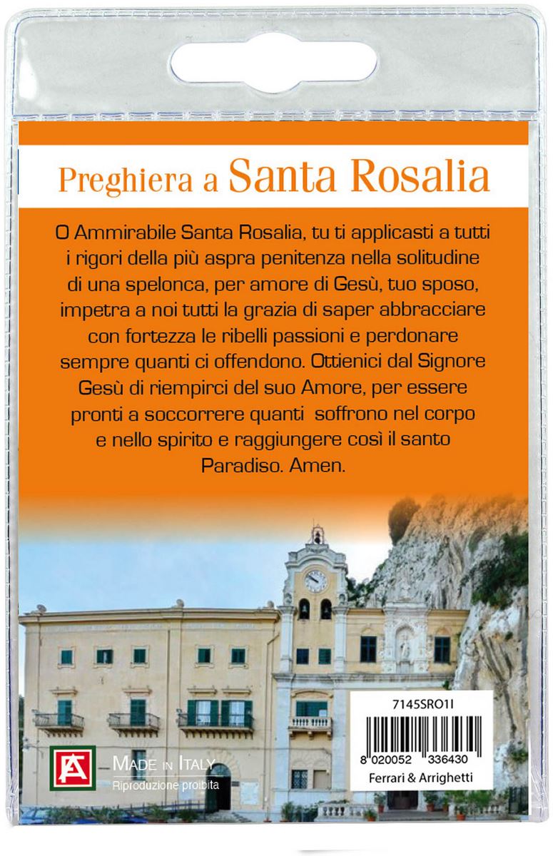 calamita santa rosalia (palermo) in metallo nichelato con preghiera in italiano (a)