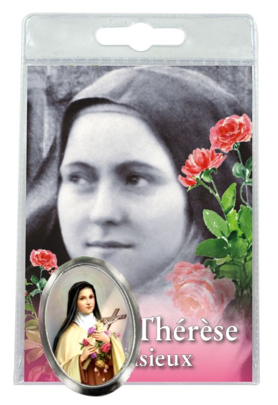 calamita santa teresa di lisieux in metallo nichelato con preghiera in francese