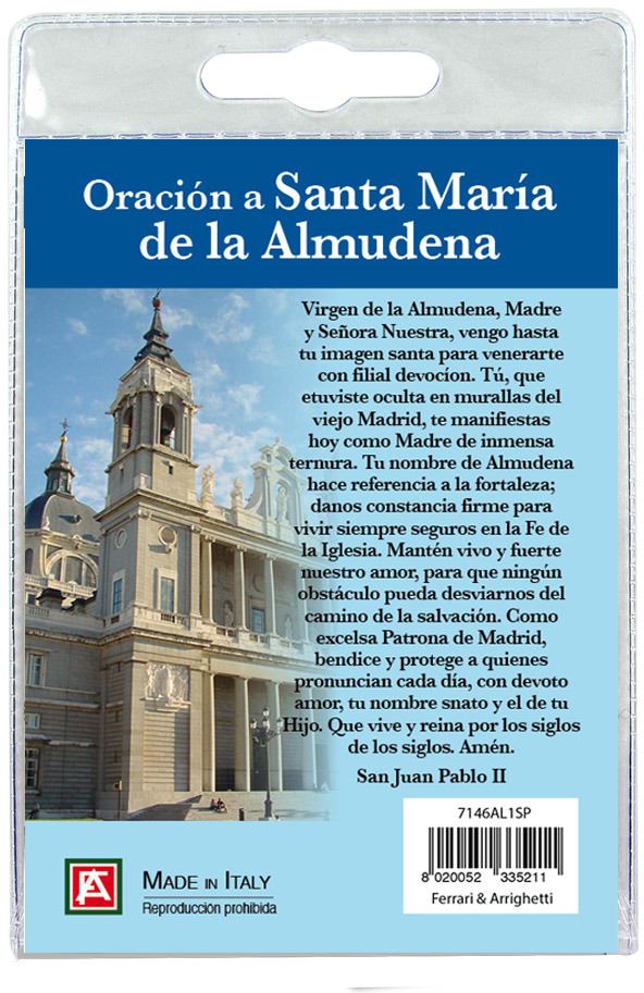 portachiavi madonna di almudena con decina in ulivo e preghiera in spagnolo