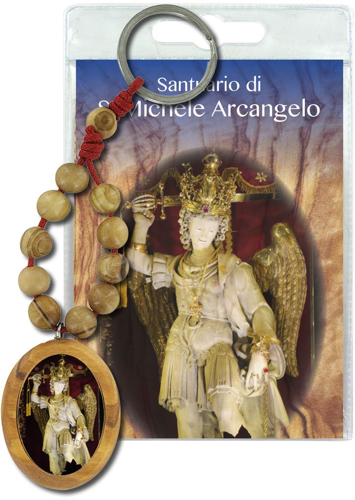 portachiavi san michele arcangelo (a monte sant'angelo) con decina in ulivo e preghiera in italiano