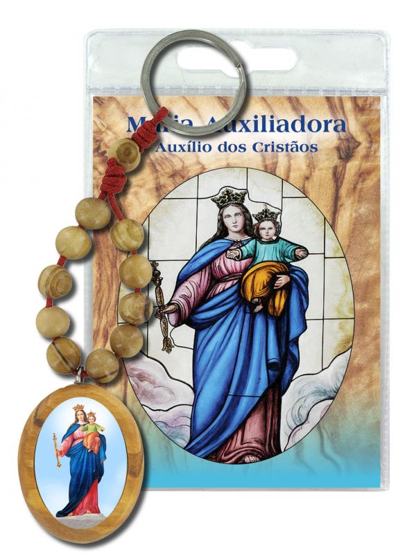 portachiavi madonna ausiliatrice con decina in ulivo e preghiera in portoghese