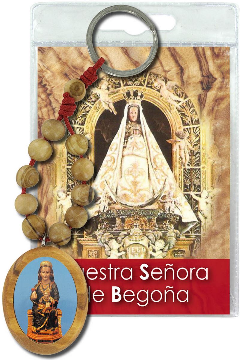 portachiavi madonna di begona con decina in ulivo e preghiera in español