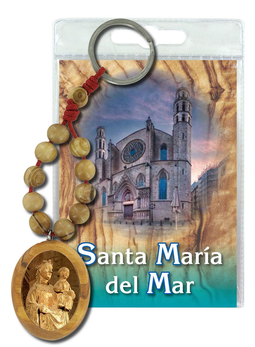 portachiavi basilica santa maria del mar con decina in ulivo e preghiera in spagnolo