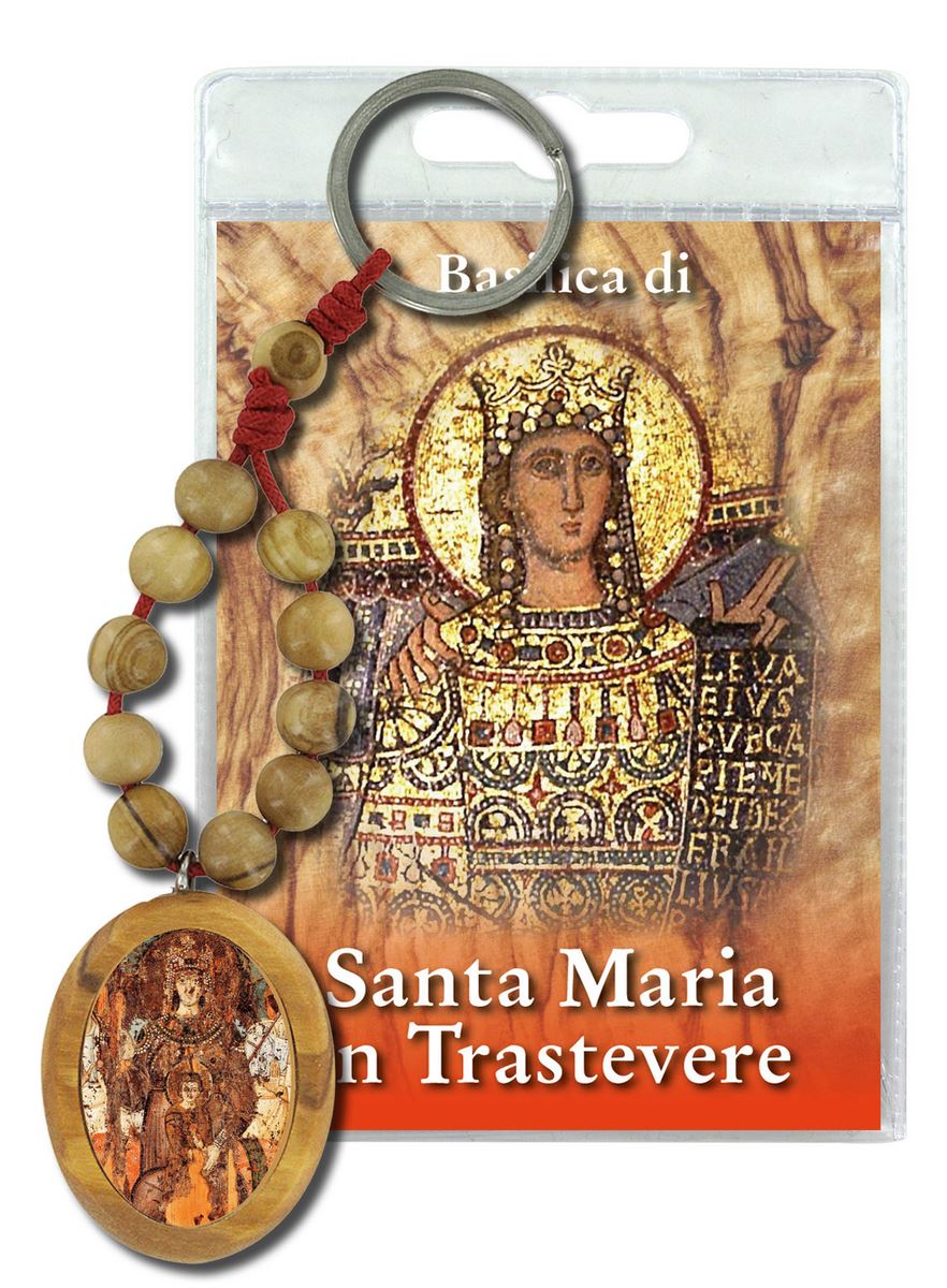 portachiavi madonna della clemenza (santa maria in trastevere) con decina in ulivo e preghiera in italiano