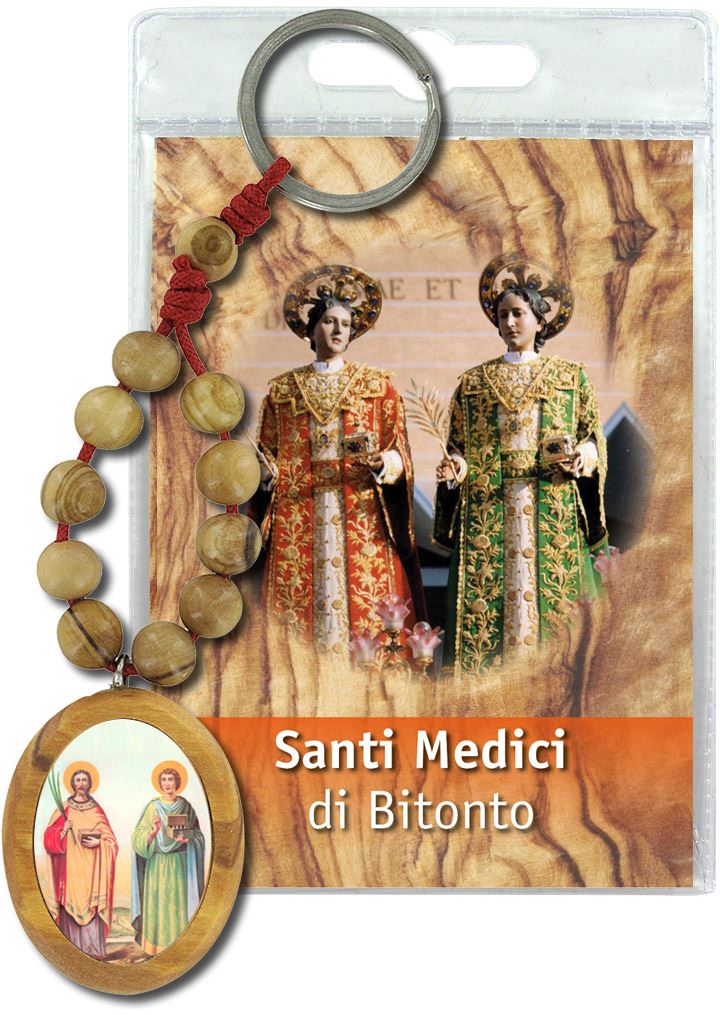 portachiavi santi cosma e damiano (a bitono) con decina in ulivo e preghiera in italiano
