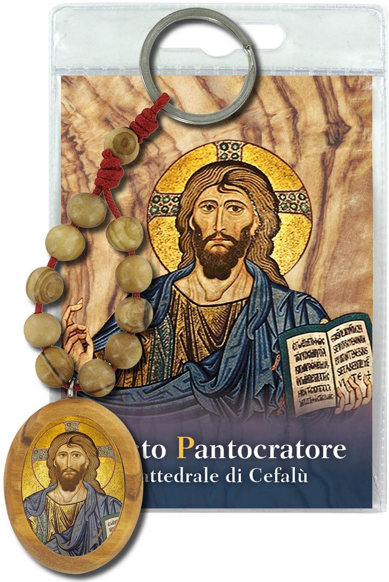 portachiavi cristo pantocratore della cattedrale di cefalù con decina in ulivo e preghiera in italiano