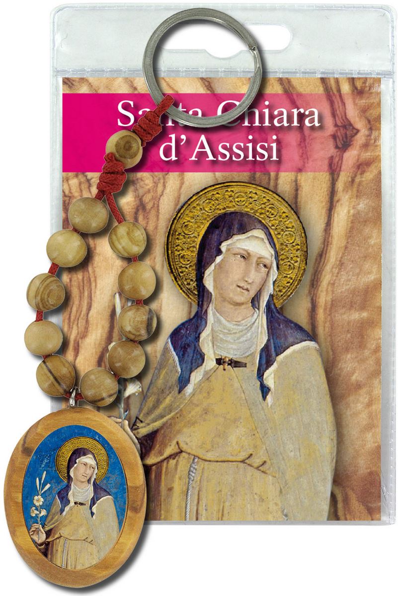 portachiavi santa chiara con decina in ulivo e preghiera in italiano