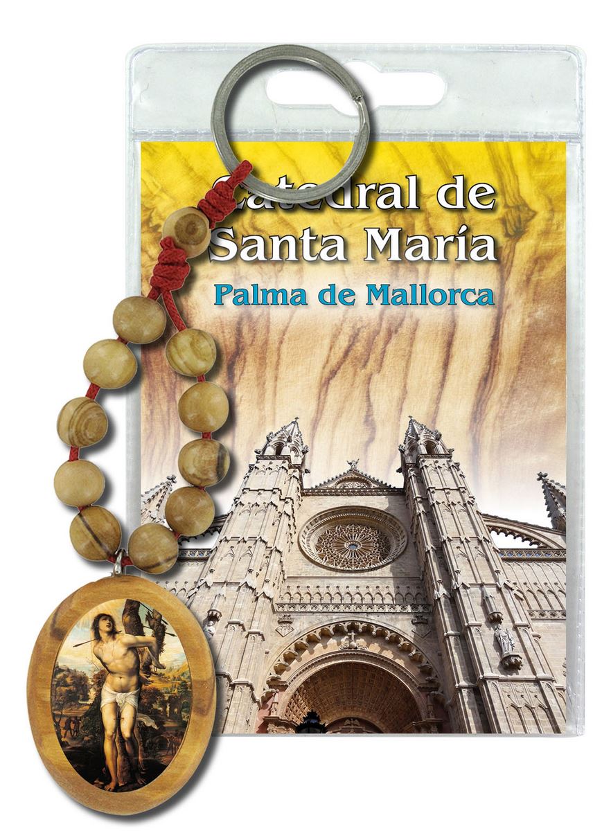 portachiavi san sebastiano (cattedrale palma di maiorca) con decina in ulivo e preghiera in spagnolo